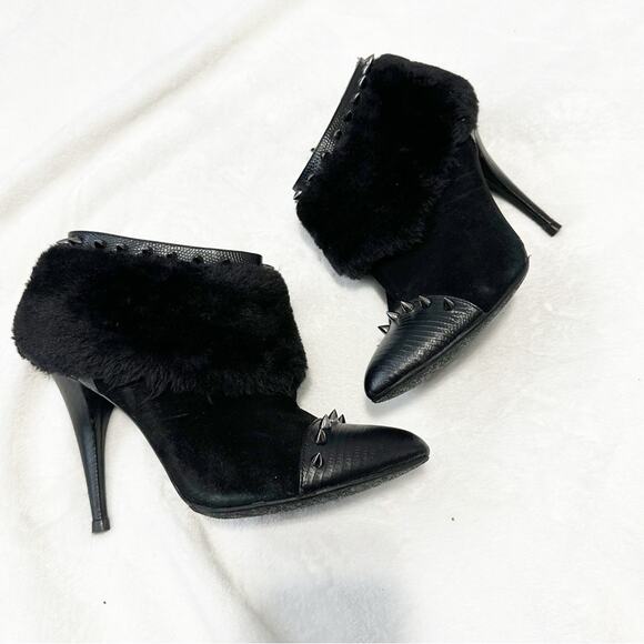 ABS Allen Schwartz Black Studded Ankle Boots fur heeled booties spiked size 8 - Picture 3 of 11